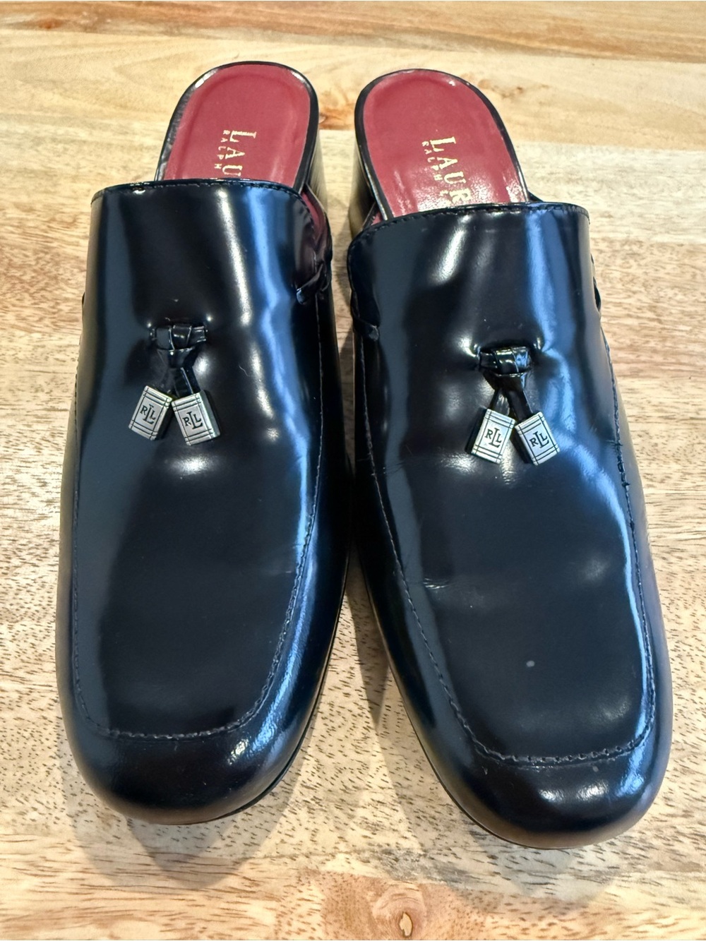 Lauren Ralph Lauren Black Leather Tassel Block Heel Mule Loafers